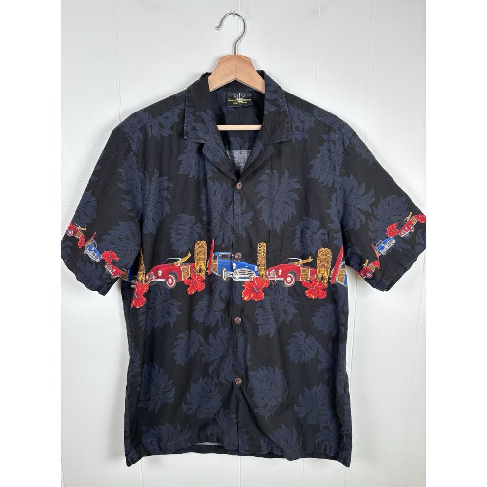 VTG Royal Creations Mens Shirt Hawaiian Tropical‎ Black Woody Cars Surfboards